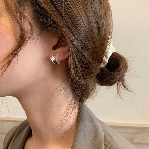 

peri'sbox eight-pointed star cz stone small earrings open circle gold stud earrings for women korean style dainty 2019, Golden;silver