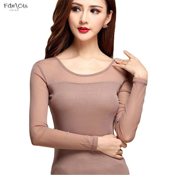 

Sexy Women Mesh Blouse Shirt Elastic For Work Fashion Casual Long Sleeve Woman Tops And Blouses Hollow Lace Solid Autumn