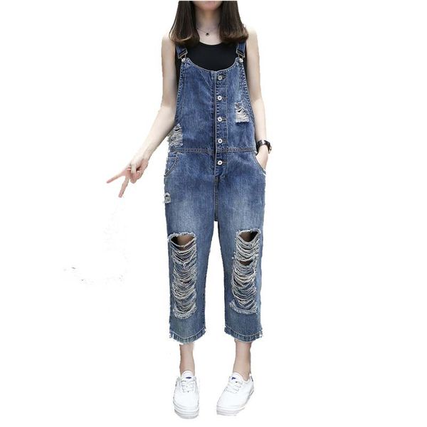 

loose hole ripped jeans for women vaqueros mujer denim jumpsuit spring summer rompers casual jeans femme women overalls c5251, Blue