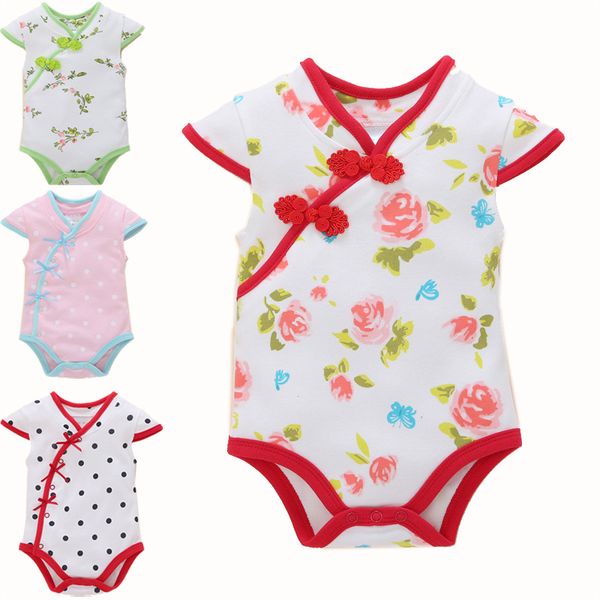 

retail 2020 baby girls bodysuit infant short sleeve chinese cheongsam style cotton jumpsuit floral dots summer outfit clothing, Blue