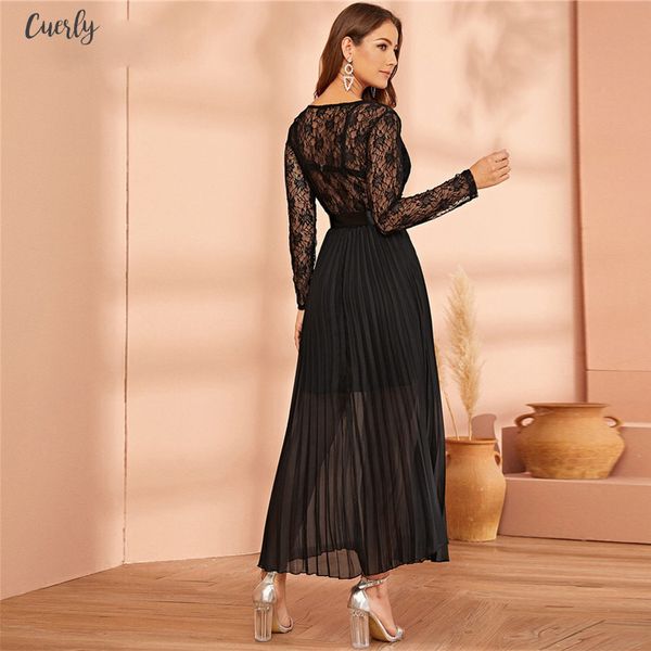 

black lace panel plisse hem belted pleated sheer dress women autumn v neck fit and flare high waist party long dresses, Black;gray