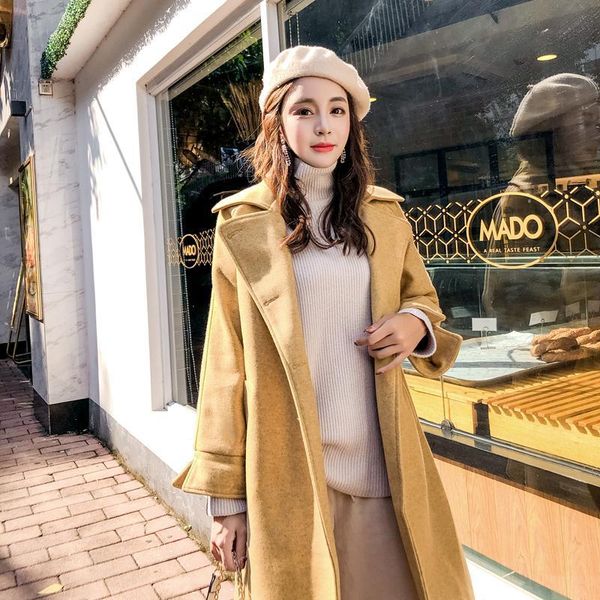 

women's wool coats autumn winter long loose woolen blends solid color dustcoat lapel neck double-breasted waist tie size thicken windbr, Black