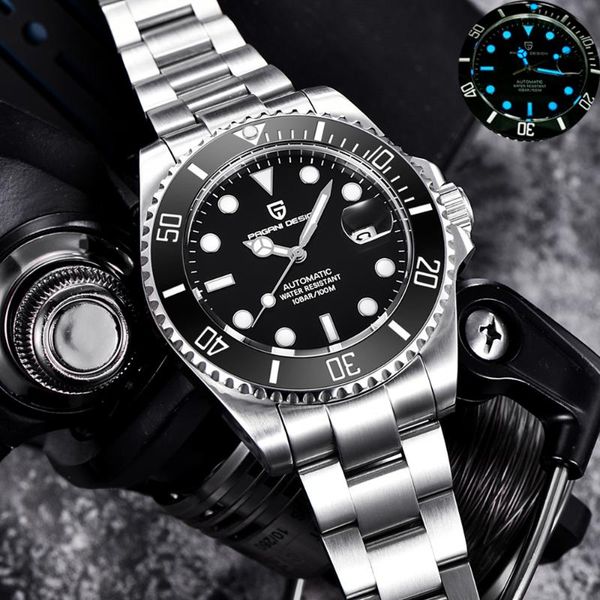 

pagani design men's automatic watch sapphire crystal mechanical watches men ceramic black full steel watch 100m waterproof diver, Slivery;brown