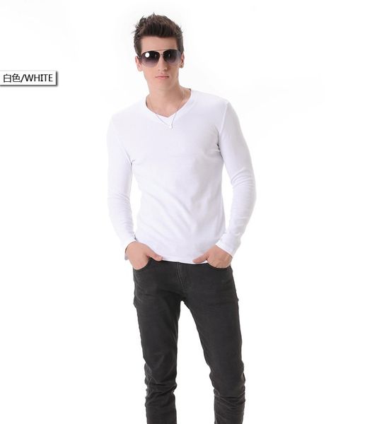 

new men's fashion white low-v collar long-sleeved t-shirt bottom shirt cotton tide cotton t-shirt, Black;brown