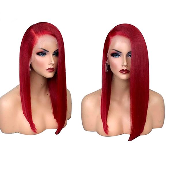 

red color brazilian remy hair lace front human hair wigs with baby hair pre-plucked side parting silky straight full lace wig, Black