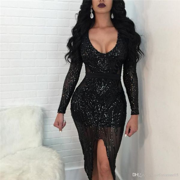 

neck summer dresses sequins split dress bodycon female clothing club party dresses women deep v, Black;gray
