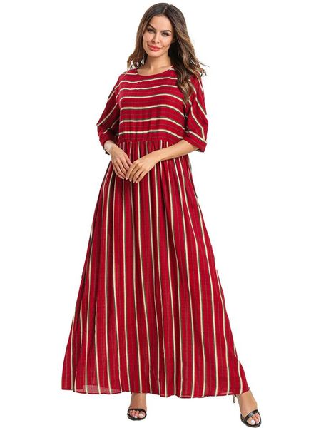 

2019 casual women muslim abaya dress o neck long sleeve plus size 4xl patchwork striped caftan marocain islamic clothing, Red