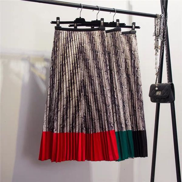 

skirts for women pleated skirt 2019 spring new coming western style snakeskin pattern contrast stitching high street style a line skirts, Black