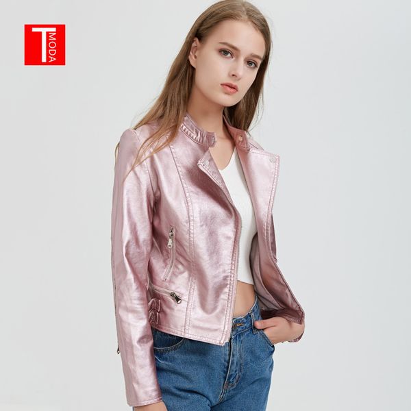 

2018 autumn winter women faux leather jackets and coats lady pu motorcycle shining pink zipper coat streetwear biker outerwear, Black