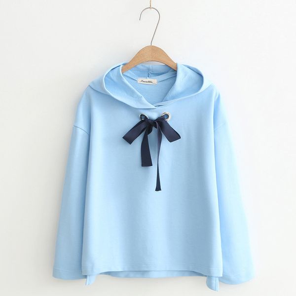 

s23795 hoodie 2018 осень новая одежда для девочек студенты свободного покроя махровый бант сплошной цвет пуловер с капюшоном, Black