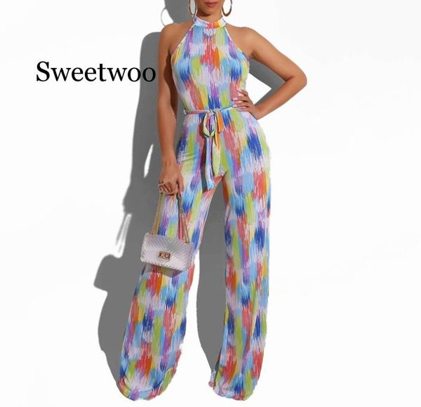 

2020 new summer women rompers tie dye print halter neck open back straight jumpsuit night club party playsuit bodysuit, Black;white