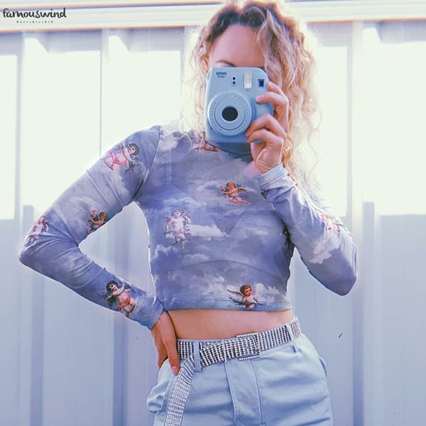 

футболка женщины sexy водолазка угол печати perspective сетки с длинным рукавом летняя рубашка женщины лепесток рукава мода streetwear crop, White