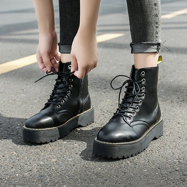 

autumn winter ankle boots women platform boots rubber sole lace up black soft leather high heels shoes woman comfortable t191111