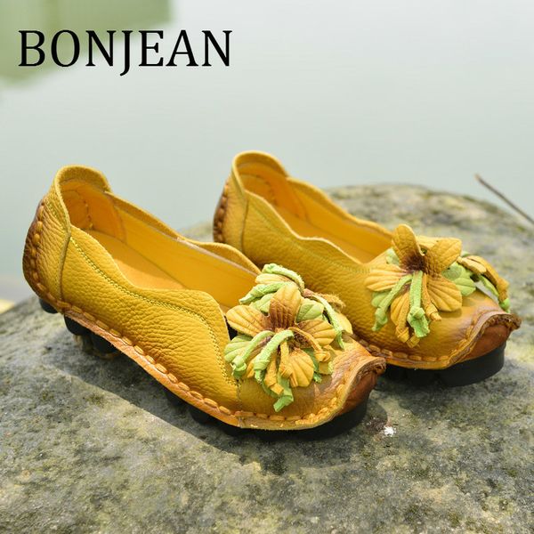 

bonjean genuine leather casual shoes 2019 flower decoration flats autumn yellow shoes for women round toe slip-on bj1319, Black