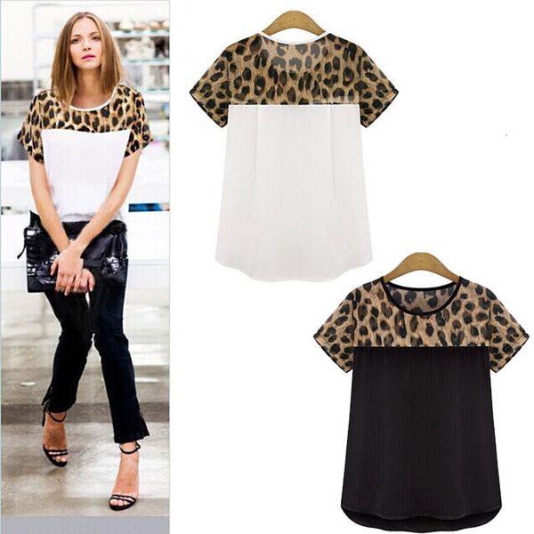

женская одежда женская блузы женщина мода блузки top shirt leopard сращивание шифон с коротким рукавом рубашки шифон женщины blusa плюс разм, White