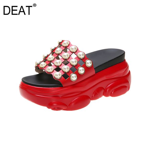 

deat] 2020 new spring summer round toe shallow plaid hollow out outdoor pearls platform slippers women shoes fashion 10h366, Black