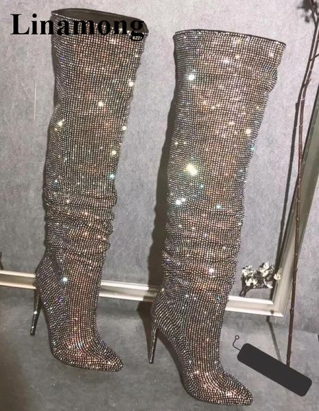 

2018 new luxurious women party length to knee long boots pointed glittering bling sequined bling boots, Black