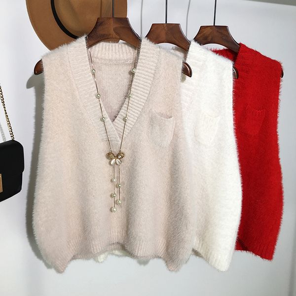

2018 faux mink cashmere white knitted women's vest korean waistcoat for women cardigan warm vests female gilet sleeveless coat, Black;white