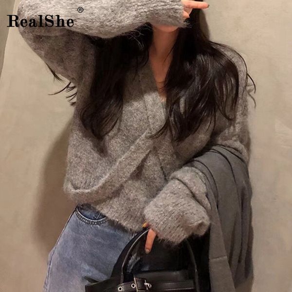 

realshe fall sweaters for women v-neck long sleeve solid thic cashmere sweater women elegant casual loose warm sweaters ladies, White;black