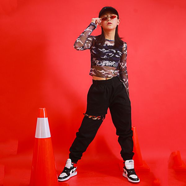 

children stage performance clothing camouflage pants 3pcs set costumes jazz dance hip hop dancing clothes dance dqs1546, Black;red