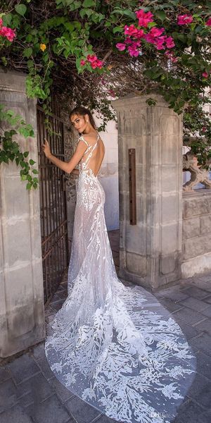 2020 Elihav Sasson Sereia Vestidos de casamento de praia com trem destacável Sheer Neck Lace Vestidos de casamento Cap Sleeve Illusion Boho Brid263k