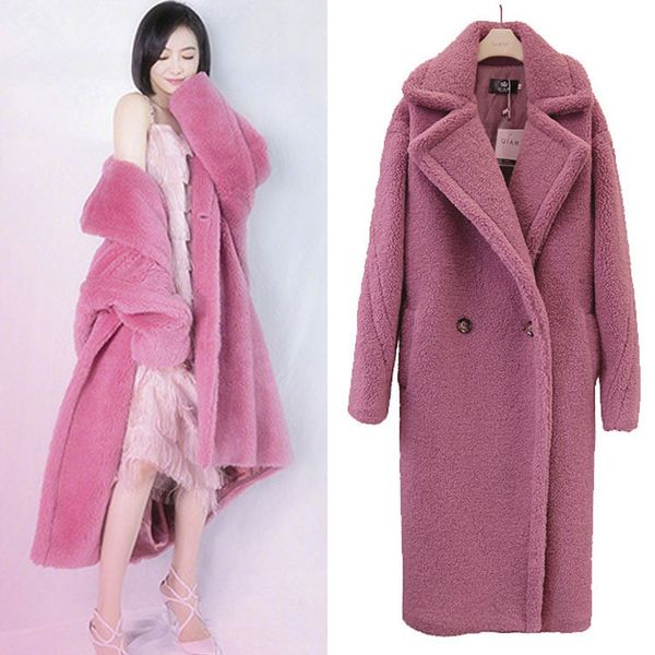 

women woolen warm long coat autumn winter thick jacket overcoat loos wool blends big size casual elegant fluffy fax fur coat, Black