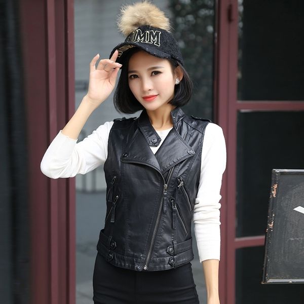 

women pu leather motorcycle vest pocket short coat sleeveless vests jacket outwear casual brand waistcoat lx1533, Black;white