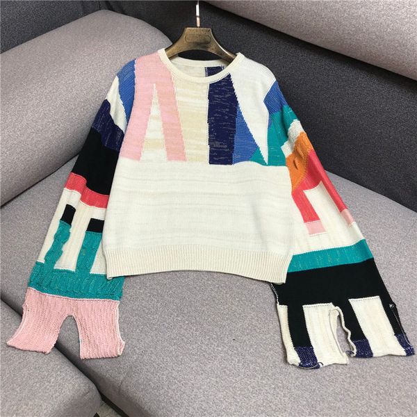 

luxury designer brand knitted sweater for women geometric color matching split horn long sleeve bright silk pullover sweater, White;black