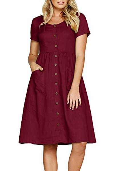 

fumikazu womens short sleeve round neck button down swing midi dresses with pockets, Black;gray