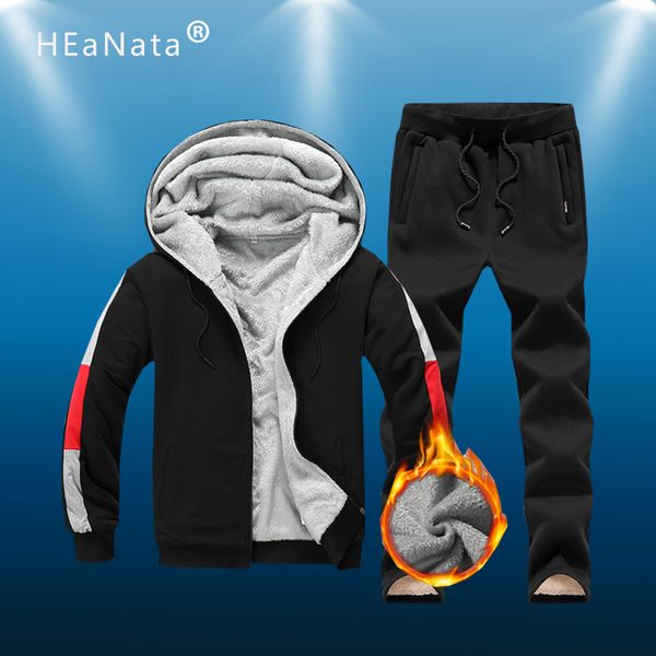 

winter men sport set fleece warm thick hooded jacket+pants 2pc casual sets men lamb hoodies zipper tracksuit man running suit, Black;blue