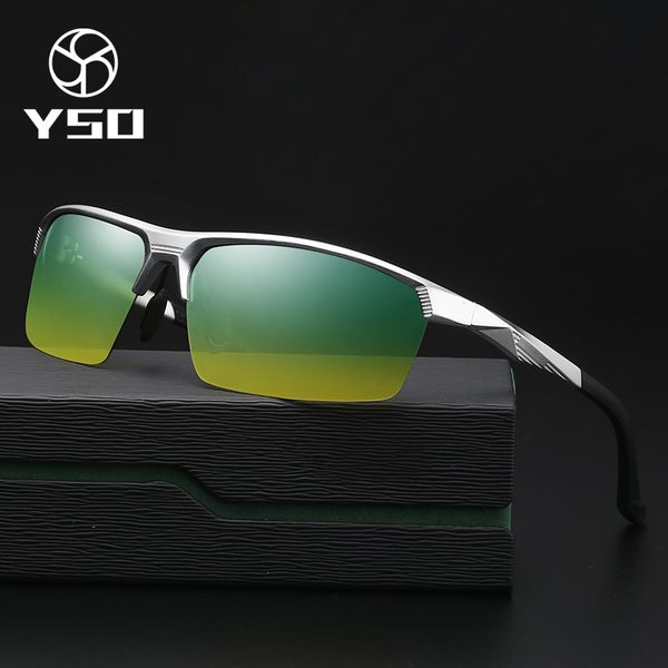 

yso sunglasses men polarized uv400 aluminium magnesium frame hd night vision driving glasses semi rimless accessory for men 8547, White;black