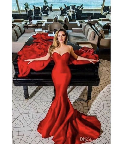 2020 Simple Strapless Red Mermaid Prom Dresses Satin Dresses