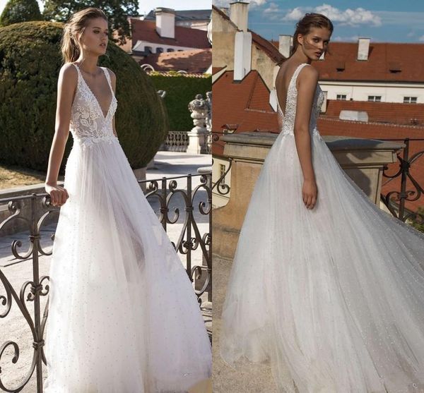 

2020 summer garden boho wedding dresses plunging v neck a line backless tulle with pearls floor length bridal gowns plus size, White