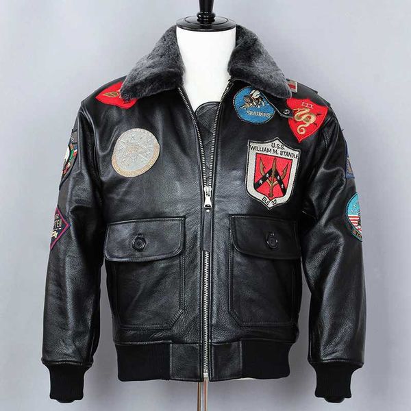 

avirex fashion biker motorcycle genuine men cow leather fur collar winter coat g1 black bomber jacket