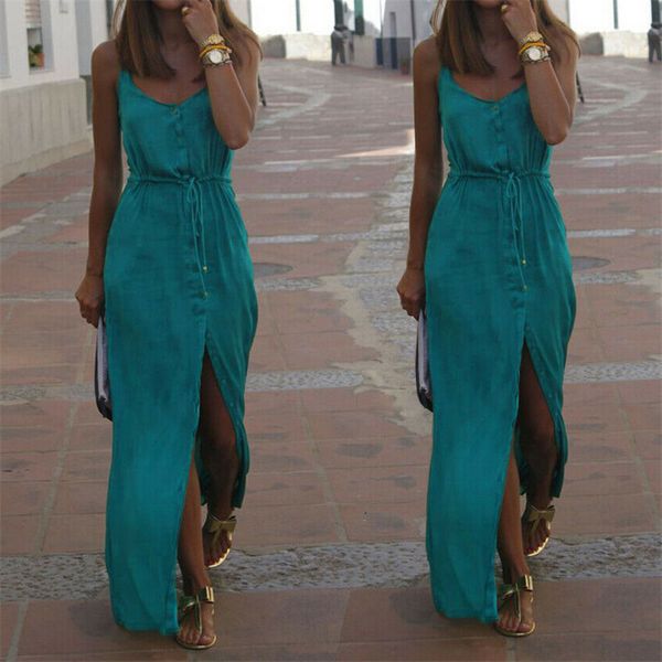 

2019 casual summer dress sleeveless women maxi long dresses green v-neck high waist front wrap women beach dress vestidos s-xl, Black;gray
