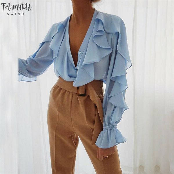 

women ruffles bell sleeve loose blouse v neck chiffon office plain shirt blouse office work solid color shirt, White