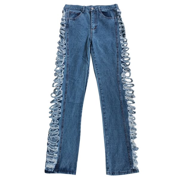 

new designer wo,emn jeans hollow out straight denim pants female high waist loose streetwear denim trousers, Blue
