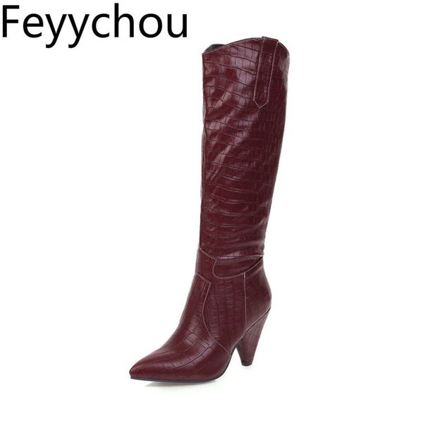 

women boots autumn winter super high heel pointed toe pu knee high motorcycle shoes 2019 new fashion black big size 34-47