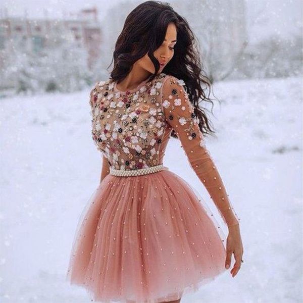 

O-Neck Blush Pink Party Prom Gown Beading Tulle Full Sleeves A-line Short Evening Dress Appliques Floral Party Crystals, Black;red