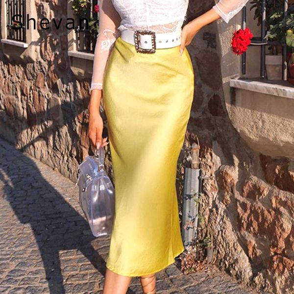 

shevan solid long satin skirt 2020 autumn fashion slim high waist silk summer pink yellow black midi skirt women