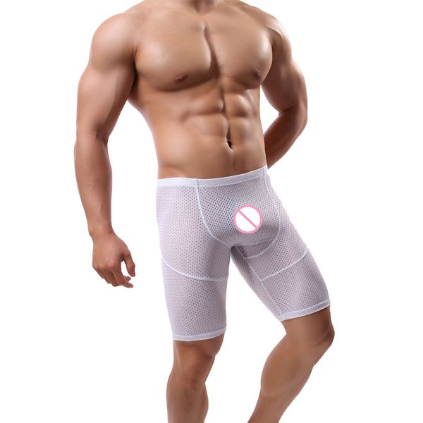 

mens long boxer shorts дышащая сетка sexy hollow поясной боксеры быстросохнущий нейлон длинные ноги трусы ваяя скольжения трусы 1шт, Black;white