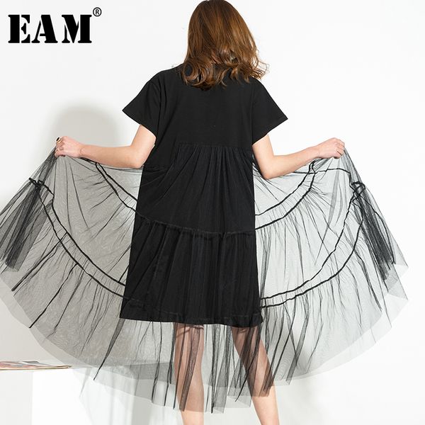 

[eam] 2019 spring new large size long big size net yarn spliced black o-neck short sleeve mesh dress woman 5xl 3361 mx190727 mx190801, Black;gray