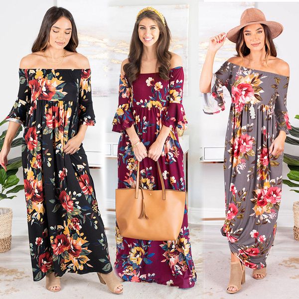 

женщины цветок длинное платье дамы bohemian цветочные бич платья lady повседневный elbow ruffler втулки женщин boho shoulderless платье s-xl, White
