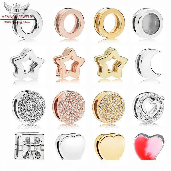 

100% 925 sterling silver enamel charms shine reflexions star clip rose space ship clip moon bow gift heart sparkling infinity clip charm diy, Bronze;silver