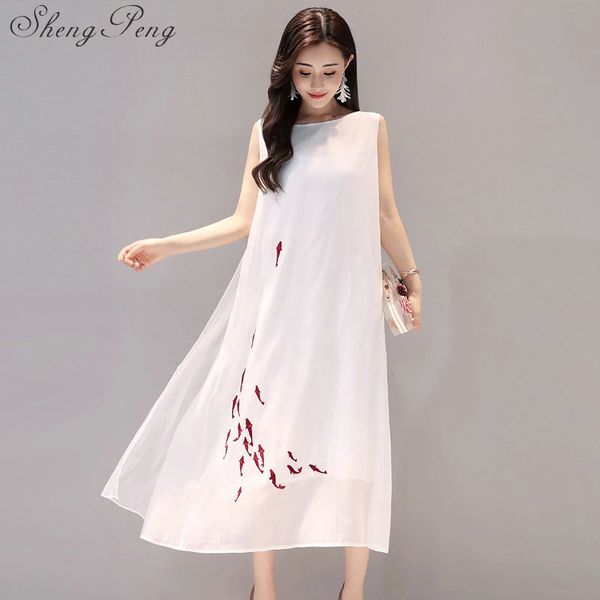 

chinese oriental dresses mandarin collar sleeveless long linen dresses summer elegant ladies white cotton sundress v007, Red