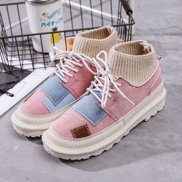 

2019 new autumn early winter shoes women flat heel boots fashion knitting patchwork women's boots woman short botas g13-97, Black