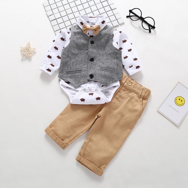 

boy clothes 3pcs spring newborn baby rompers+vest coat+pants gentleman boy jumpsuits kids clothes 0-2y, White