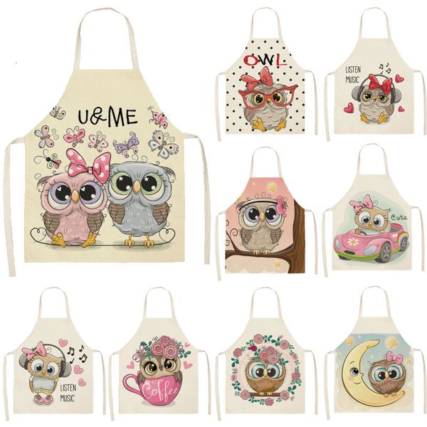 

1pcs owl sleeveless apron cotton linen flower printed kitchen brief pinafore women home cooking baking waist bib 53*65cm wql0148