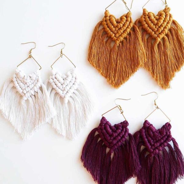

girlgo bohemian colorful macrame earrings for women ethnic fiberart trendy fringed feather tassel earrings jewelry party gifts, Silver