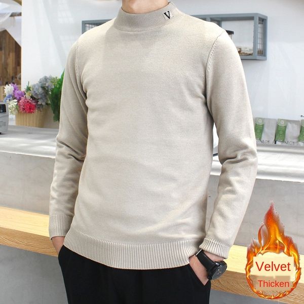 

mens designer knitted velvet sweater fashion v-shaped embroidery semi-turtleneck sweater men, Black;brown